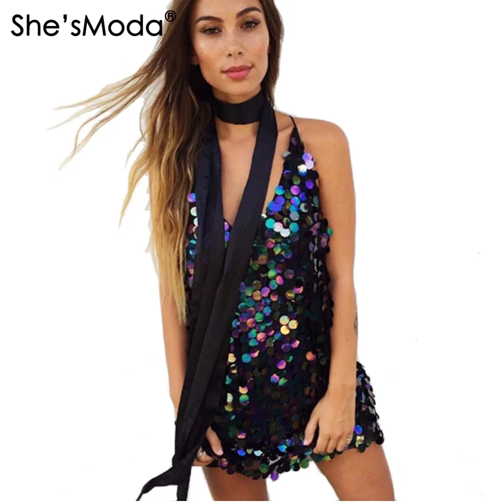 Женское вечернее короткое платье She'sModa расшитое блестками с открытой спинкой и