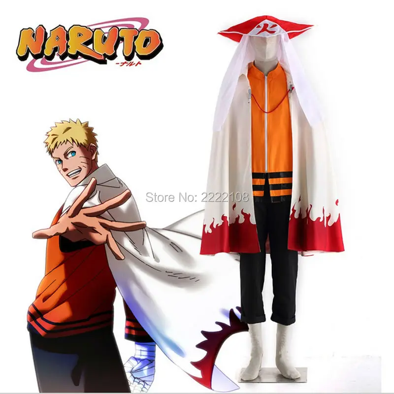 Горячая аниме Наруто де laatste zevende Хокаге Наруто Узумаки Косплей Kostuums met mantel en hokage's hoed(плащ+ куртка+ брюки+ шляпа