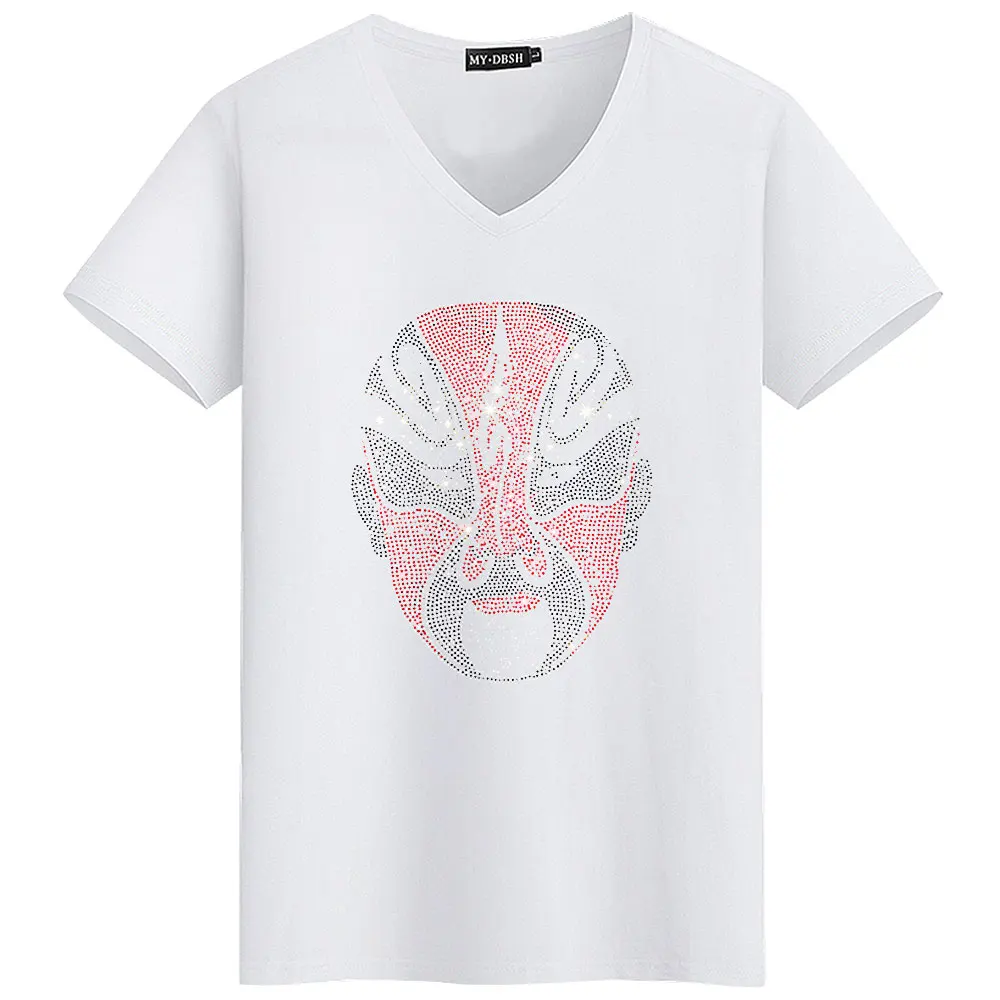 Big size 5XL Mask Unique Man Shinning Diamond Stone T-shirt Short Sleeve high quality Peking Opera Rhinestone Print men t shirts - Цвет: T002-V-White