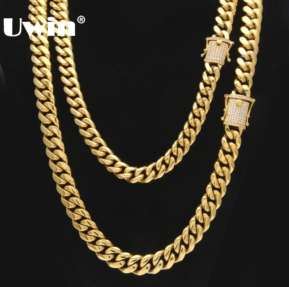 Uwin Stainless Steel Cuban Link Chain With Bling CZ Zirconia Triple Lock Luxury Top Quality Necklace 12&14mm Hiphop Men Jewelry