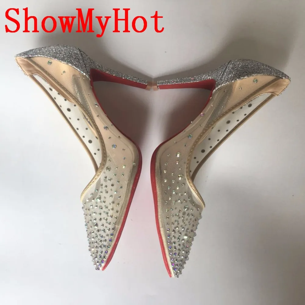 ShowMyHot/блестящие женские туфли на высоком каблуке; туфли на шпильке с красным блеском; пикантные туфли-лодочки с острым носком на высоком каблуке; женская обувь со стразами