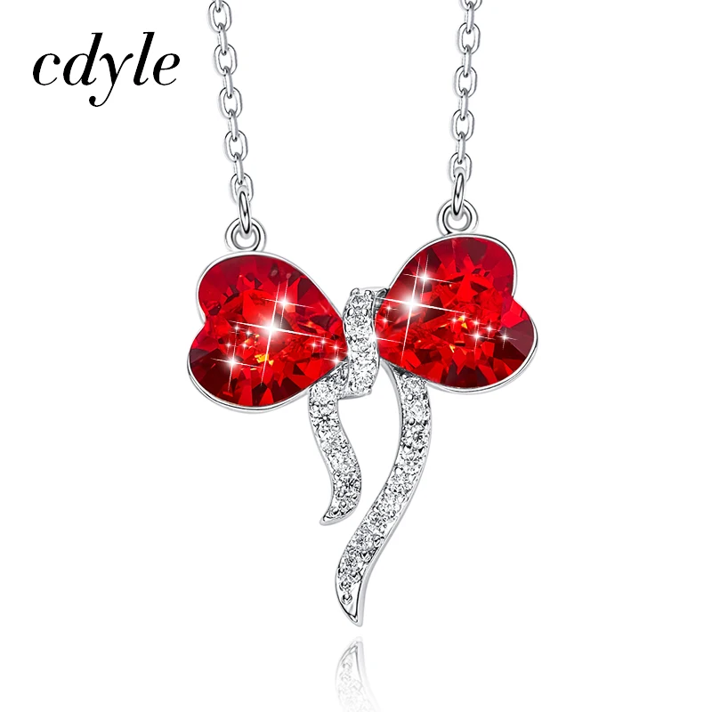 Cdyle 925 серебро бант Ювелирное Украшение с инкрустацией с Хрустальная цепочка ожерелье с красными кристаллами девушка