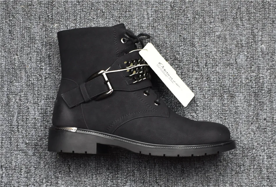 Odetina New Fashion Autumn Winter Women Chunky Low Heel Ankle Boots With Chains Lace Up Booties Side Zipper Warm Shoes Plus Size