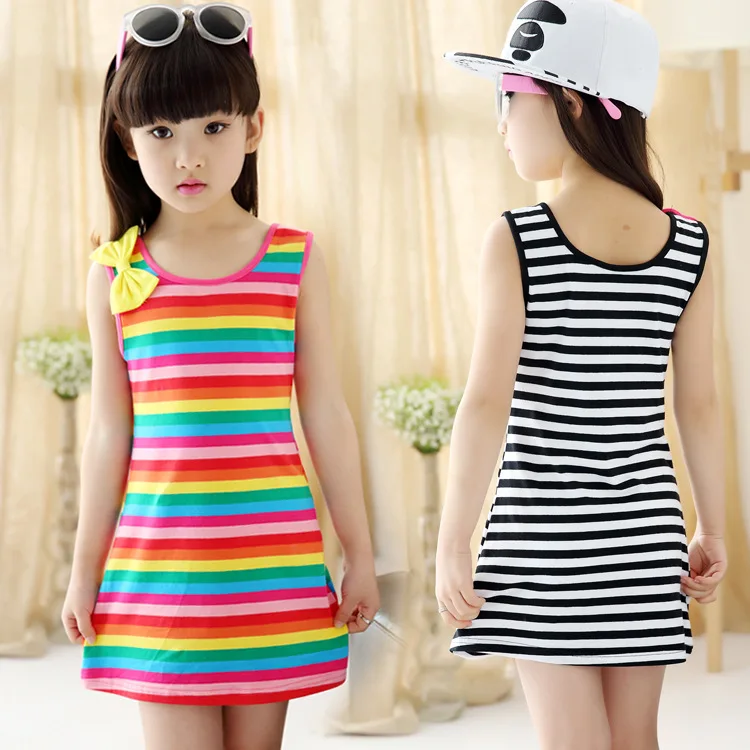 2020 New Summer Casual Cotton Girl Dress Sleeveless Baby Girls Clothes Flowers stripe Dresses Vestido Infantil Kids | Детская одежда и