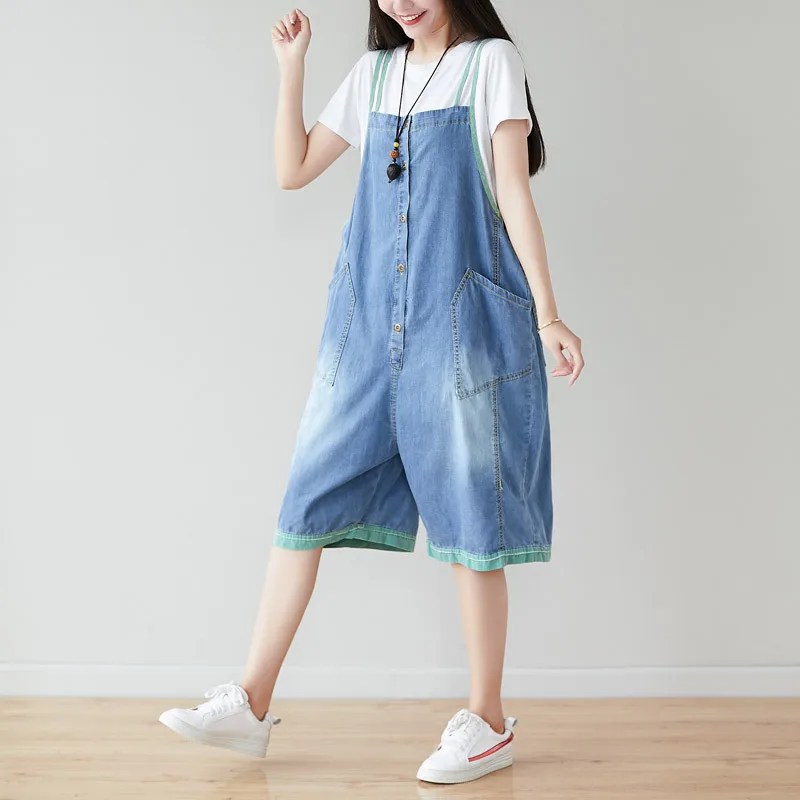 

2019 Summer Casual Personality Washed Jeans Five Points Sling Jumpsuits White Loose Strap Pants Women