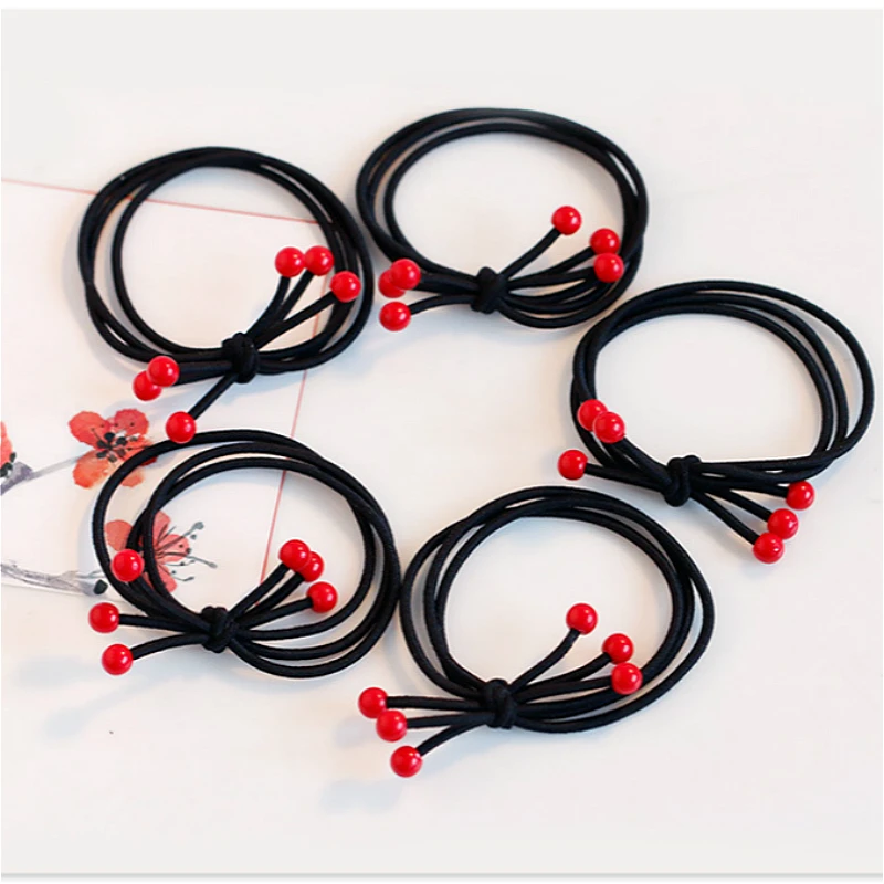 10 шт./комплект резинки для волос с разноцветными красными бусинами| |