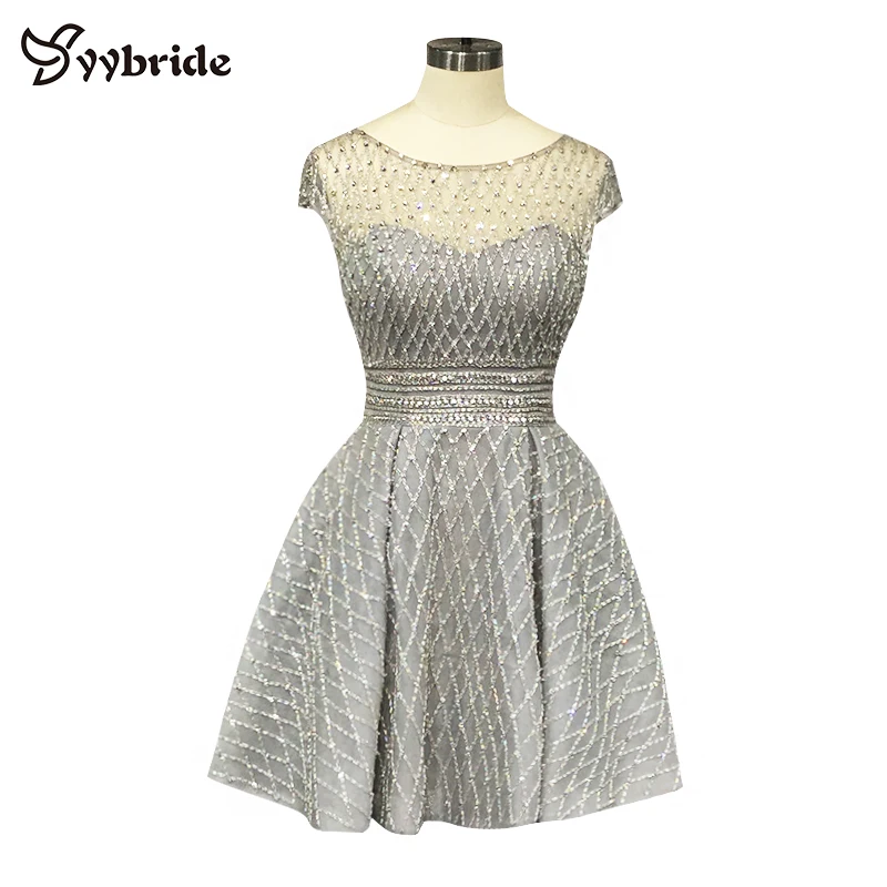 

YYbride Customized Sliver Crystals Full Beading Party Dresses Grey Knee-Length Skirt Scoop Neck A-Line Short Cocktail Dresses