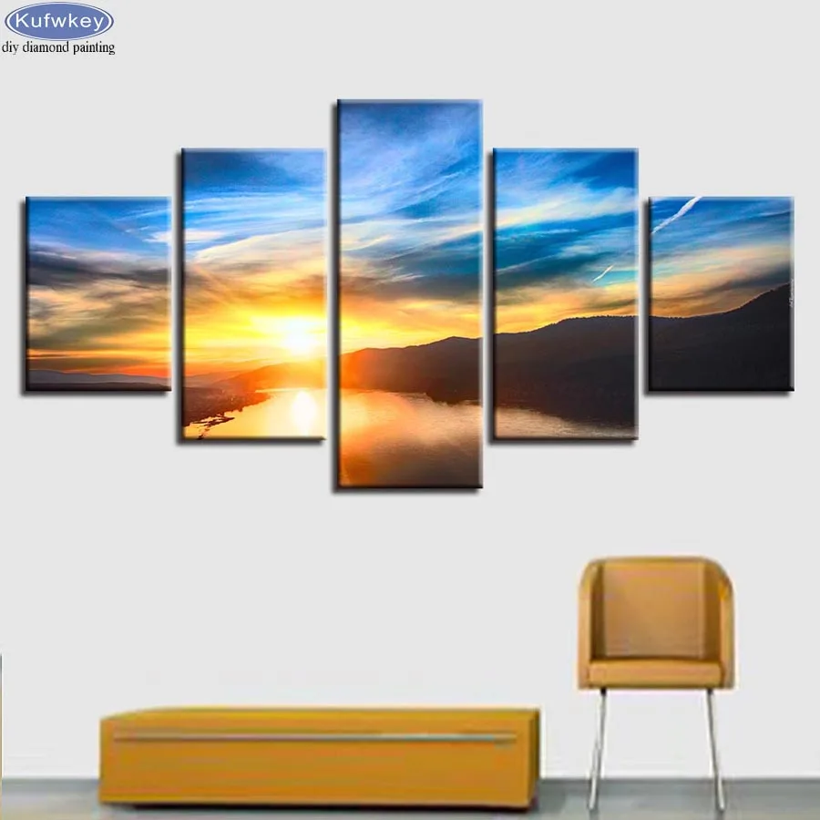 

5D DIY Diamond Painting Cross Stitch kit 5pcs/set Mountain Lake Sunset Scenery Full square round Diamond Embroidery Home Decor