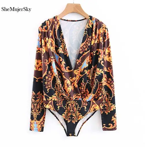 floral bodysuit SheMujerSky винтажный цветочный глубокий v-образный вырез боди с длинным рукавом женские комбинезоны salopette femme - Цвет: floral bodysuit