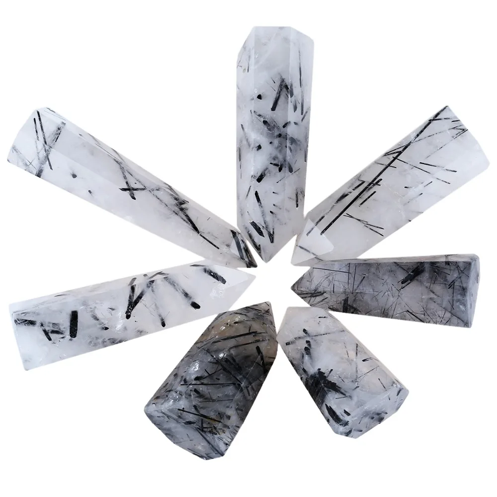 TUMBEELLUWA 1Pc Black Rutilated Quartz Healing Crystal Point Faceted Prism Stone Reiki Figurine Decoration