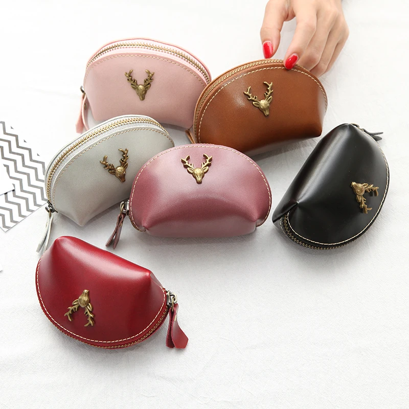 Симпатичный винтажный женский кожаный мини кошелек на молнии с металлическим