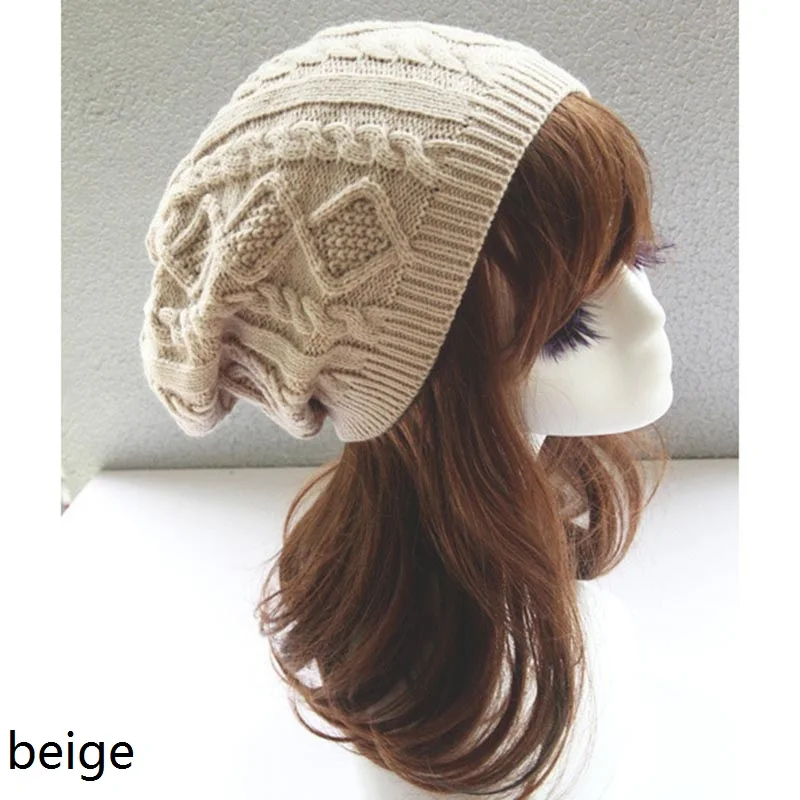 beige Зимняя шапка, теплая шерстяная вязаная женская и мужская Кепка в стиле унисекс, толстые, скрученные, теплые, ухоженные, тянущиеся шапки, шапка, 6 цветов, рождественский подарок - Цвет: beige