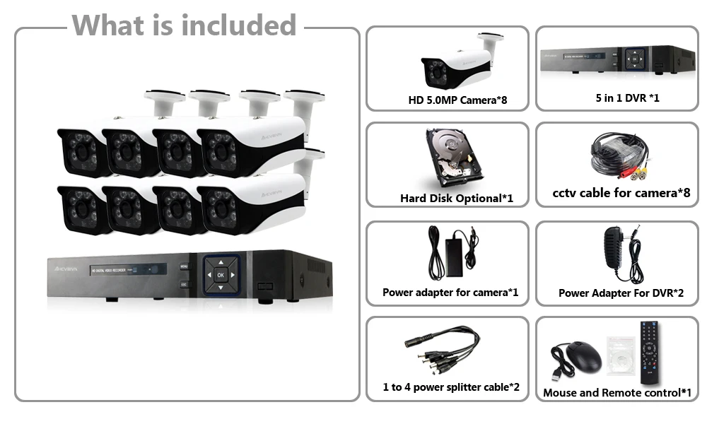 8CH 5MP cctv dvr система 8 шт hd 5MP Низкая освещенность IP66 Безопасность в/outdor Водонепроницаемая камера комплект P2P комплект видеонаблюдения