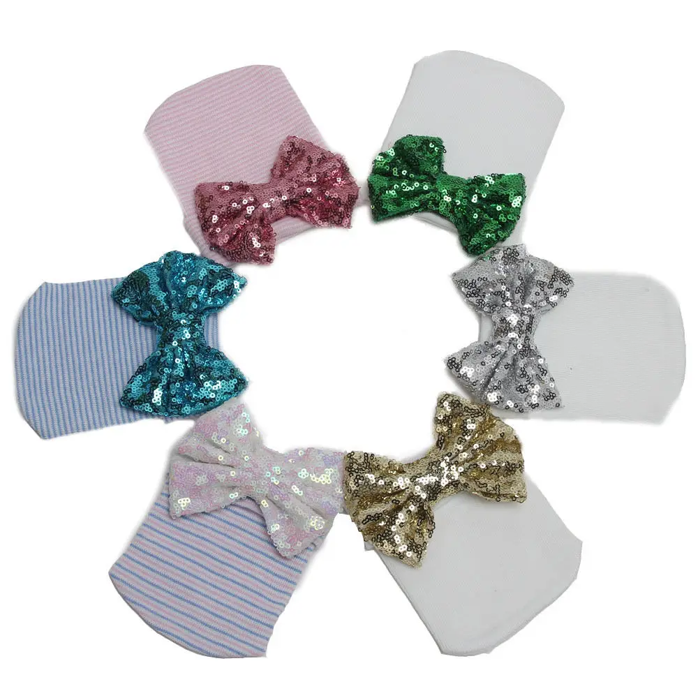 

Newborn Baby Girls Stripe Sequined Bowknot Beanie Hat Knit Hospital Cap
