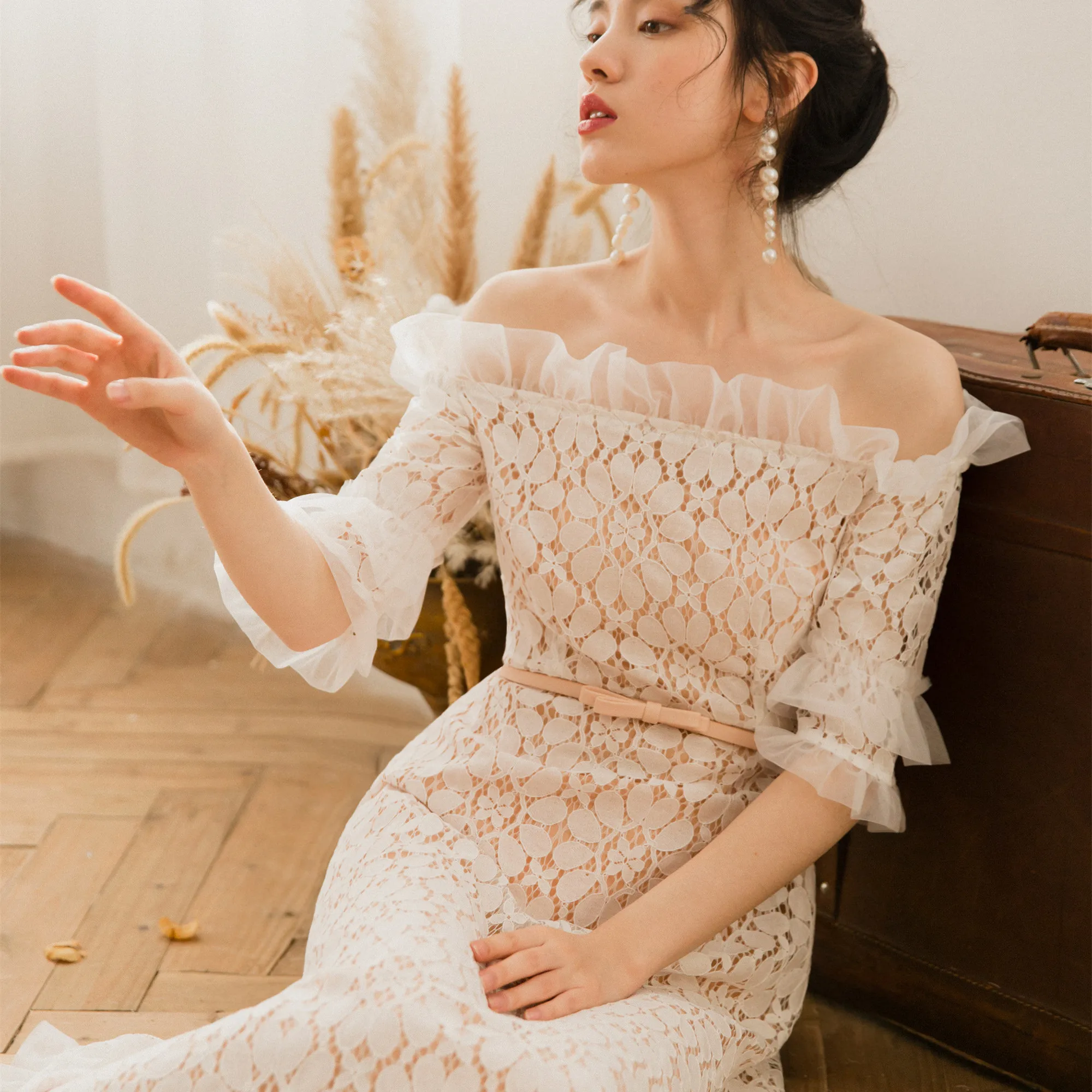 

Sexy Retro Summer Elegant Slim Lady Slash Neck Dress Audrey Hepburn Vintage Casual Travel Long Party Dresses