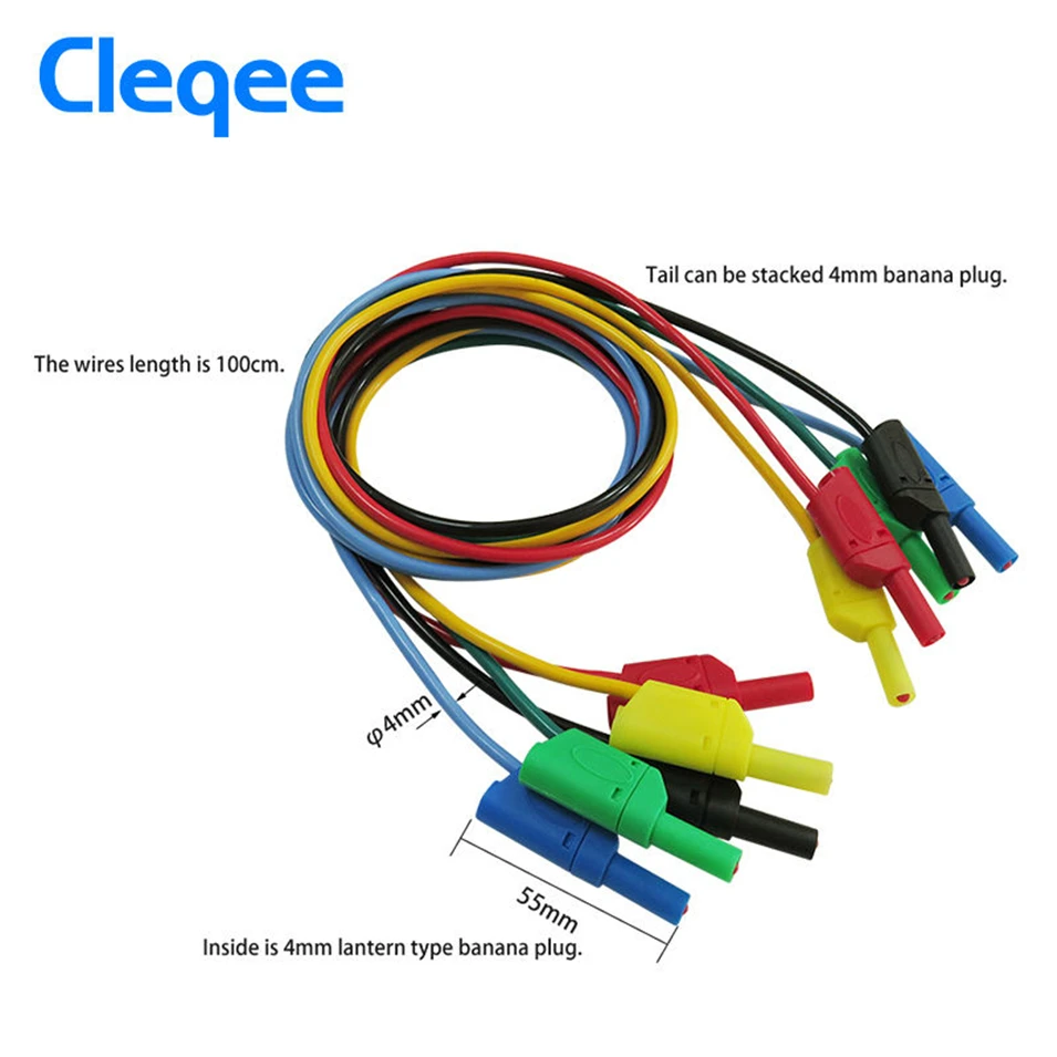 

HOT 5pcs/lot Cleqee P1050 1M 4mm Banana to Banana Plug Soft RV Test Cable Lead for Multimeter 5 Colours