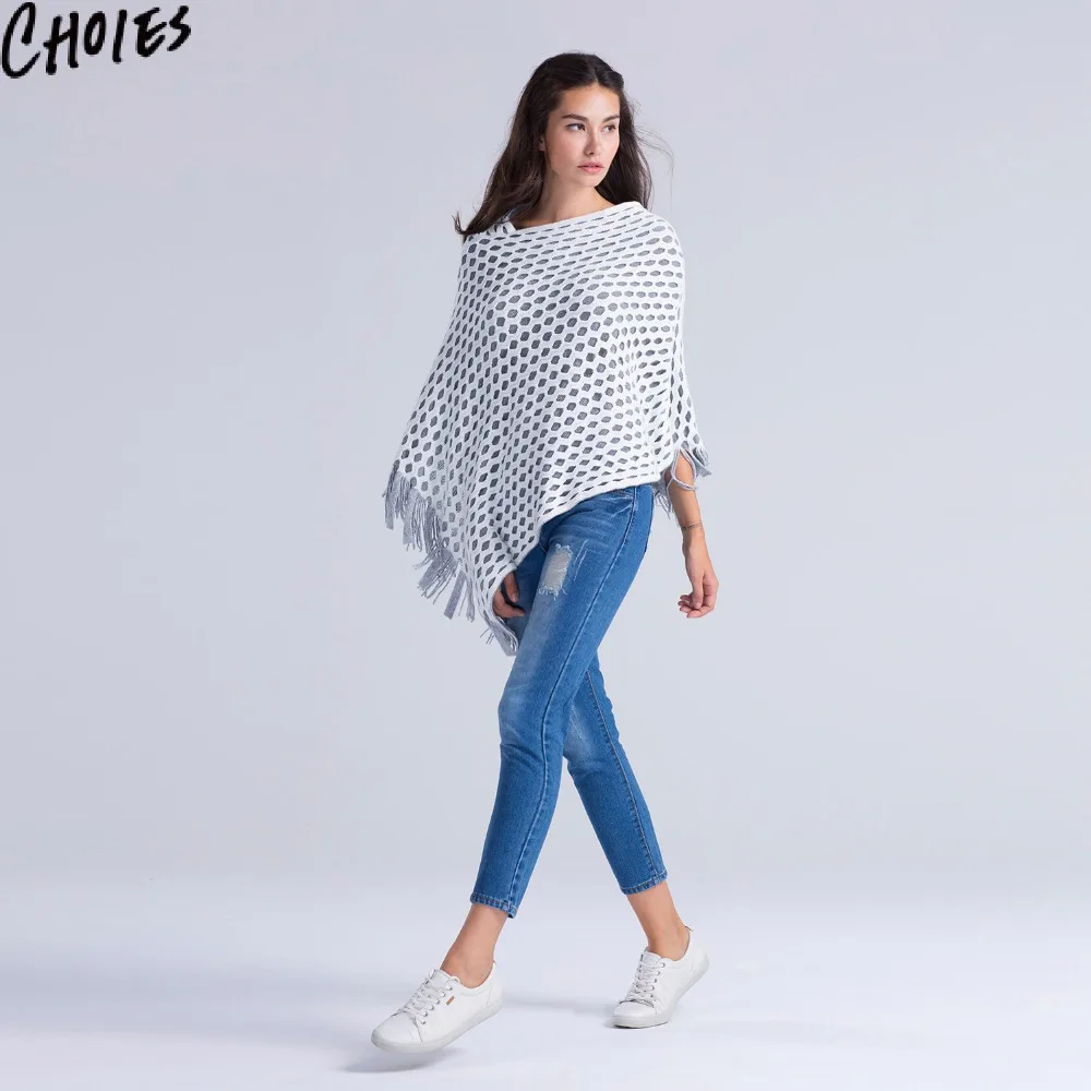 CHOIES женское Вязаное пончо с кисточками белое вырезами вязанное крючком