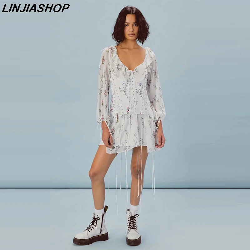 Boho print summer dress beige lining ruffles lace high waist v neck puff sleeve waist girdle beach holiday mini dress for love