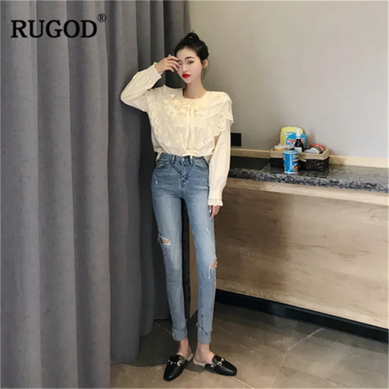 RUGOD/Элегантные женские рубашки с круглым вырезом длинными рукавами и кружевными