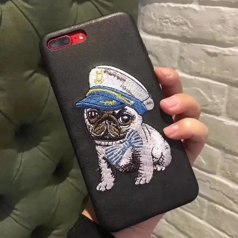 Fashion Luxury Korea Cute Embroidery Bow bulldog Navy Hat Dog Anti-skid Cloth Warming Pc+tpu Phone Case For IphoneXS/6/7/8plus |