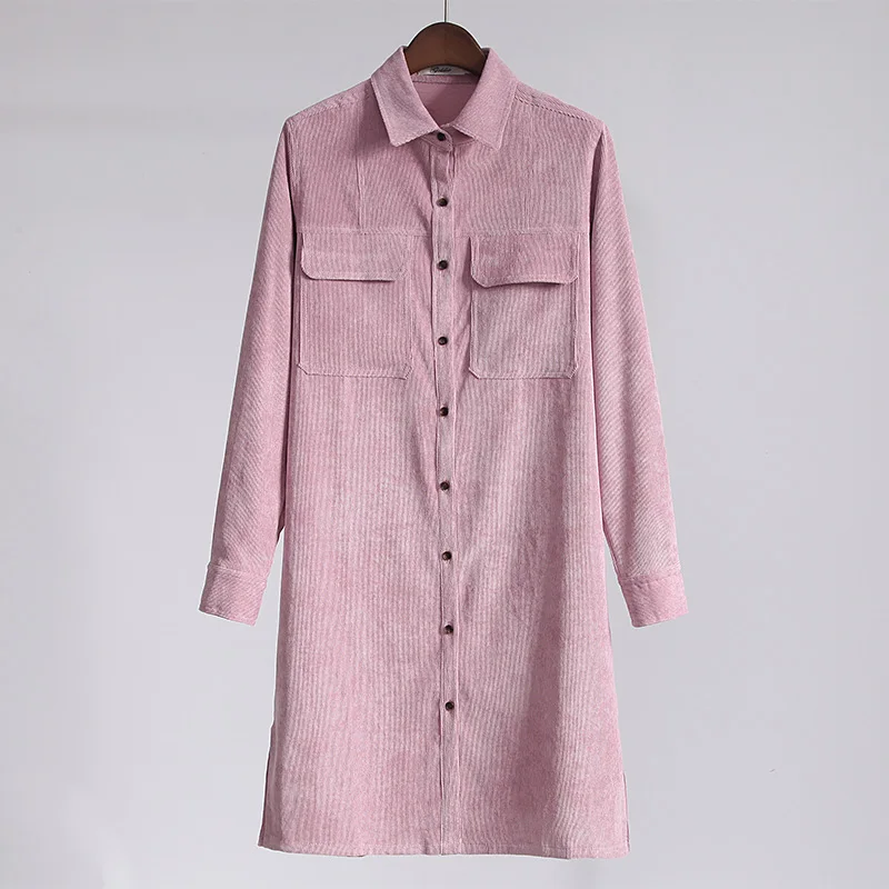 Вельветовые длинные блузки для женщин Топ Винтаж Твердые двойной лоскут карманы