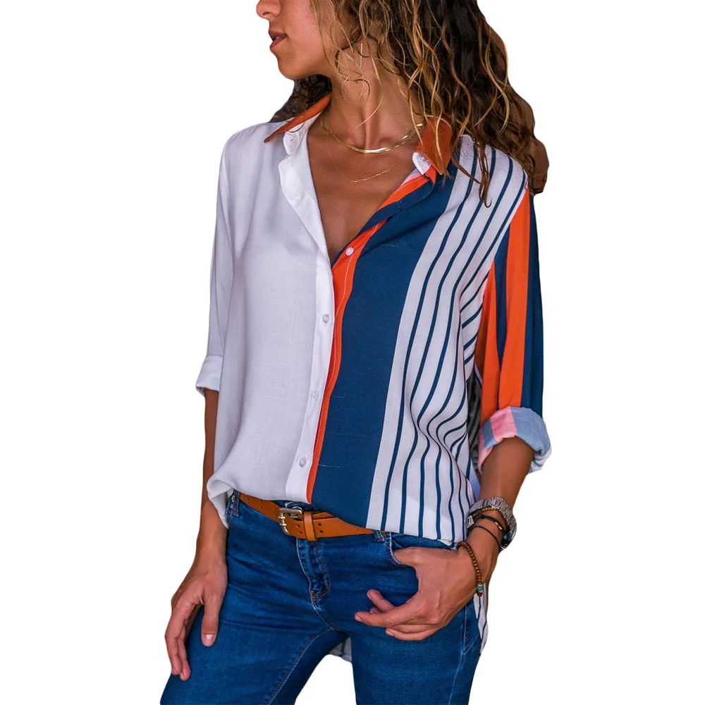 Женские повседневные топы оранжевые индиго полосатые цветные с длинными