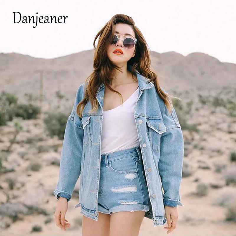 Женская джинсовая куртка Danjeaner Повседневная Свободная с отложным воротником и