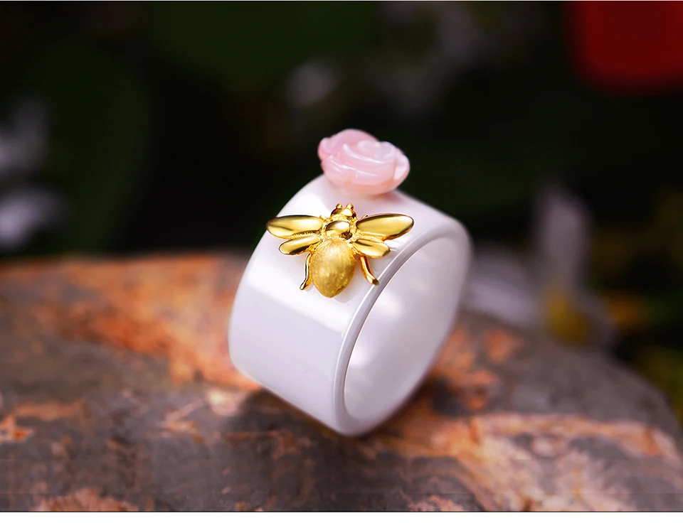 Lotus Fun, настоящее 925 пробы Серебряное кольцо, натуральное ювелирное изделие ручной работы, керамическое кольцо, милая пчела, поцелуй из розы, кольца для женщин