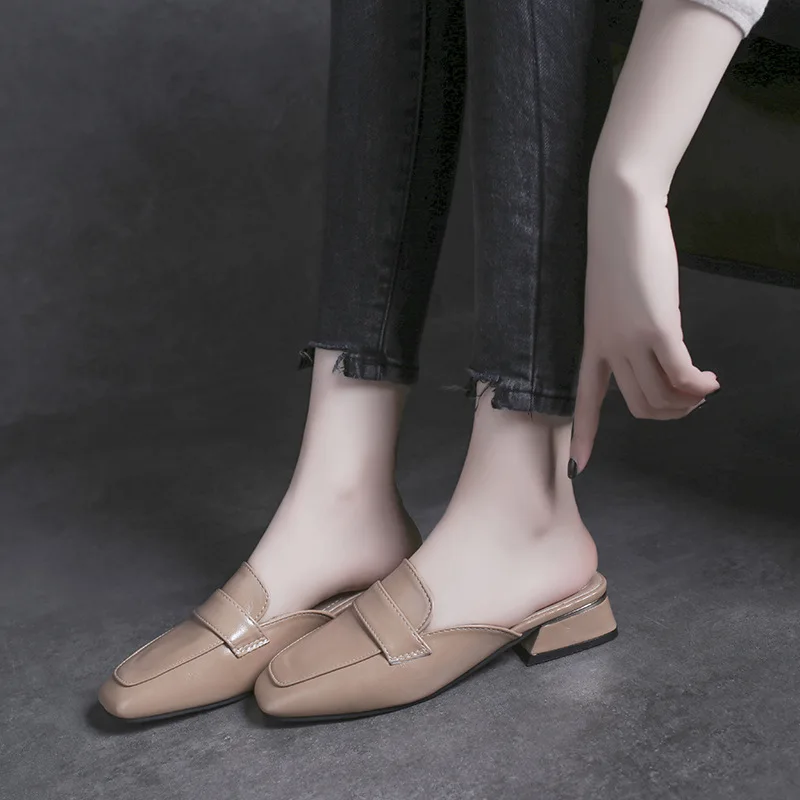 Мюли женские на низком каблуке мягкие кожаные шлепанцы квадратный носок