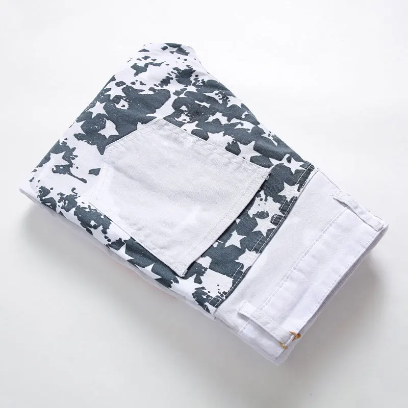 New Men's White Jean Pant Print Elasticity Slim Jeans Cotton Mid Waist Zipper Fly Straight Pants Casual Trousers Men