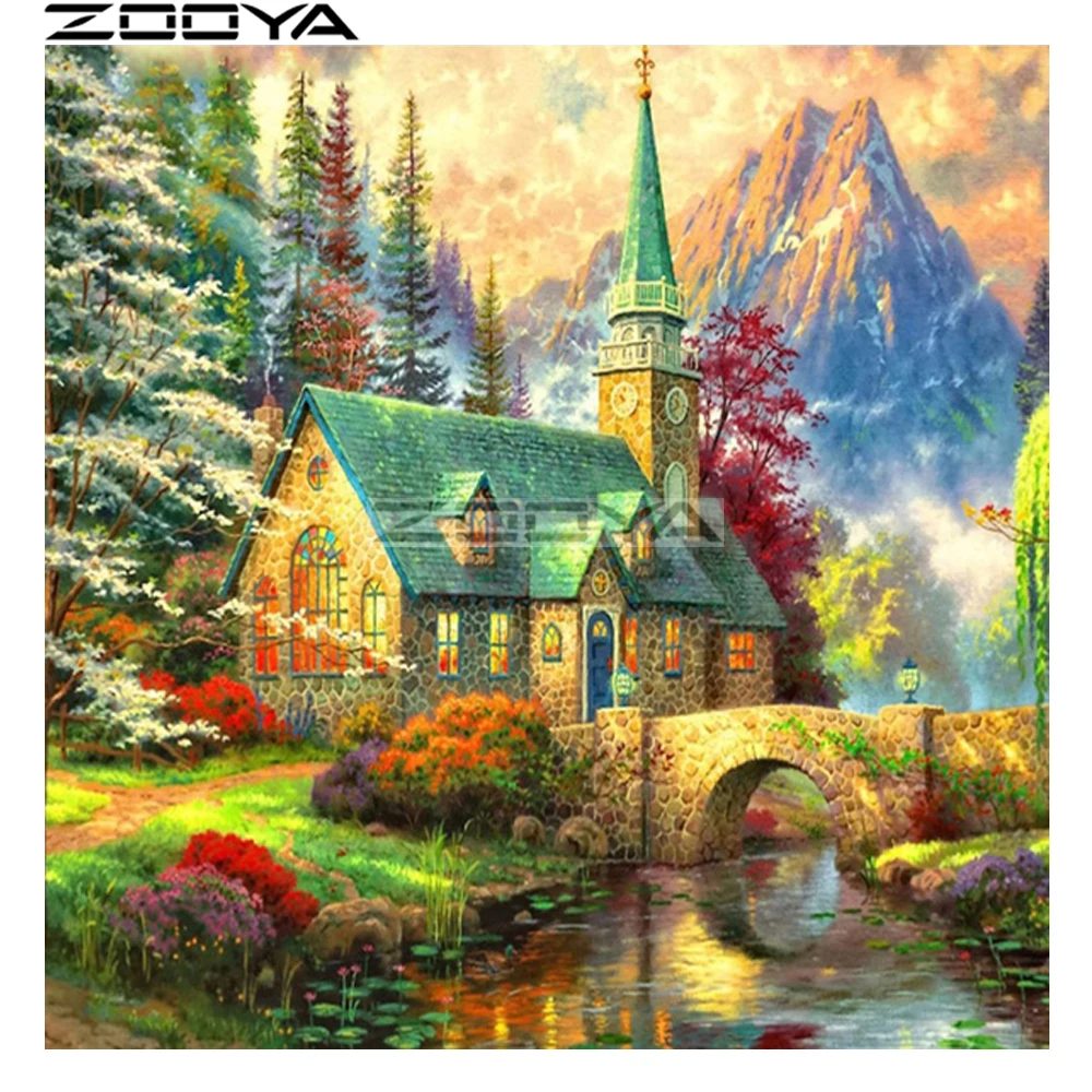 ZOOYA круглая Алмазная картина настенная наклейка алмазная вышивка дача река 5D
