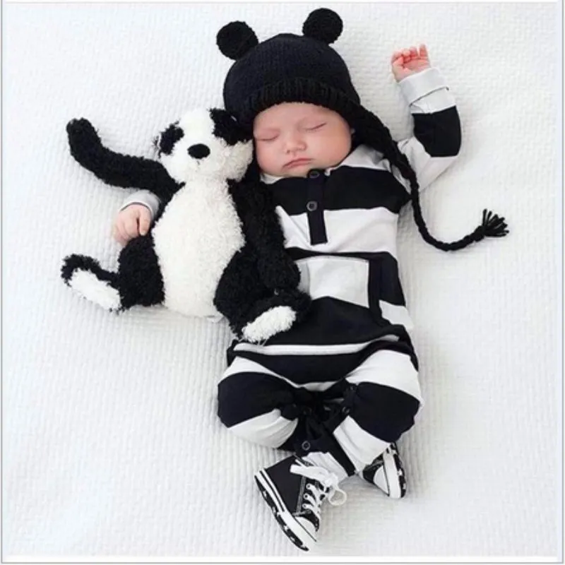 

Baby Rompers Clothing White Black Striped Unisex Baby Costume Infant Long Sleeve Jumpsuits Newborn Baby Girls Clothes