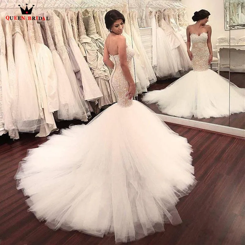 

Custom Made Mermaid Sweetheart Fluffy Train Tulle Lace Appliques Sexy Luxury Wedding Dresses 2021 New Bridal Gown NY40