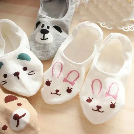 

5 Color New Arrival Cute Cartoon Bear Cat Rabbit Chunmian Stealth Boat Socks/Short Feminino/Cartoon Animal Print Socks Women