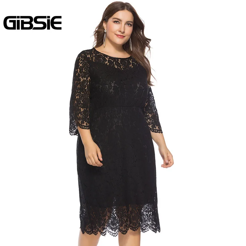 GIBSIE 6XL Для женщин элегантные кружевные вечерние платье Повседневное туника с рукавом три четверти Длина рукавами трапециевидной формы миди платье размера плюс Женская одежда