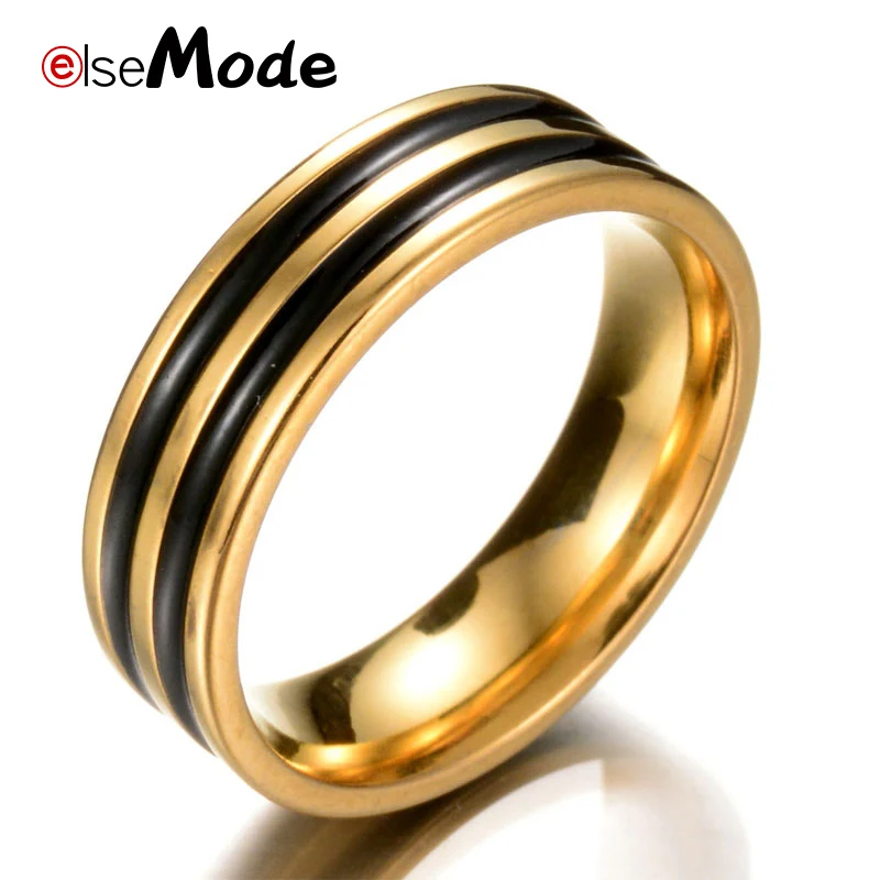 ELSEMODE трендовые золотые кольца с двумя черными линиями обручальное кольцо