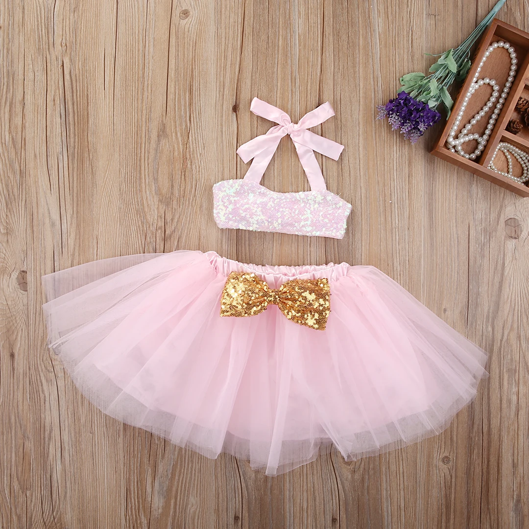 

2 Pcs Little Girls Summer Skirt Clothing Set Newborn Baby Girl Halter Sequins Top+Tutu Skirts Princess Tulle Toddler Clothes