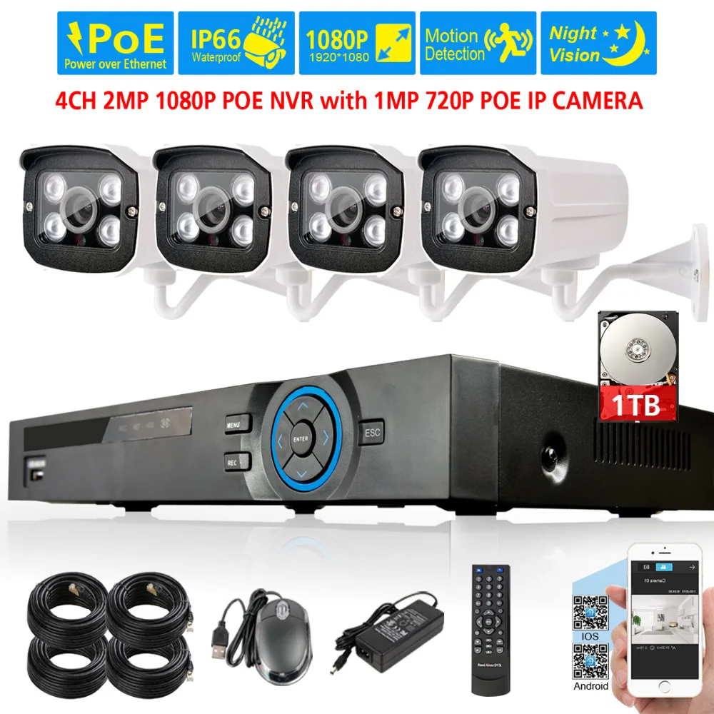 4ch POE 1080 P NVR с 4 шт. 1.0mp 720 IP Камера P2P HDMI CCTV Системы наблюдение ИК ночного видения