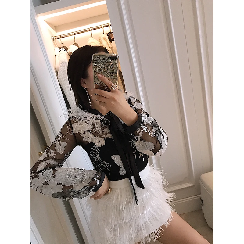 Женская кружевная блузка ALPHALMODA с перьевым вырезом и вышивкой на весну лето |