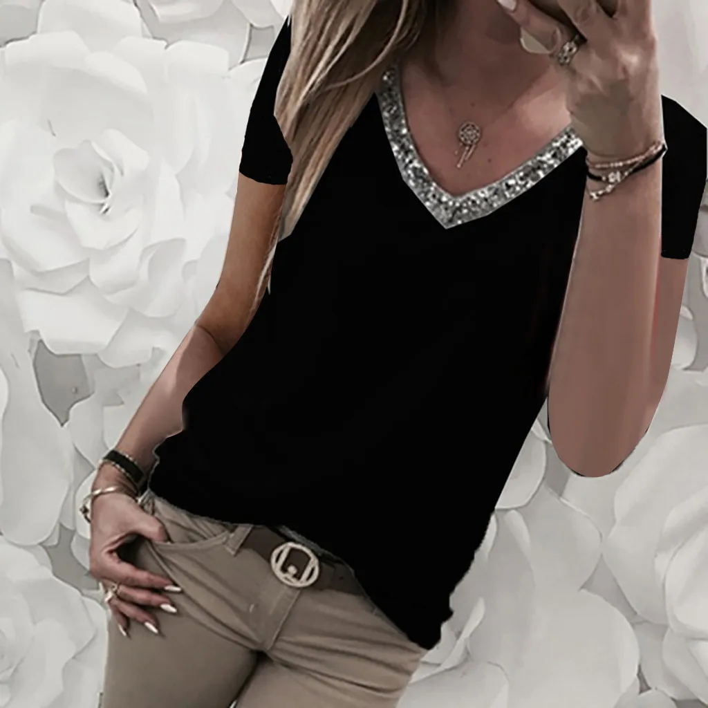 Футболка женская с блестками и вырезом повседневный пикантный винтажный Модный