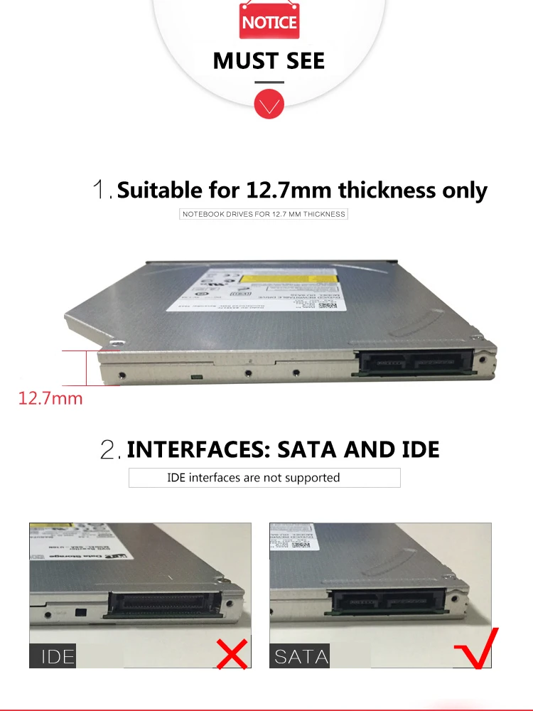 12,7 мм USB 2,0 SATA Внешний привод DVD CD DVD-Rom Чехол Коробка привода для ноутбука внешний портативный жесткий диск HDD корпус