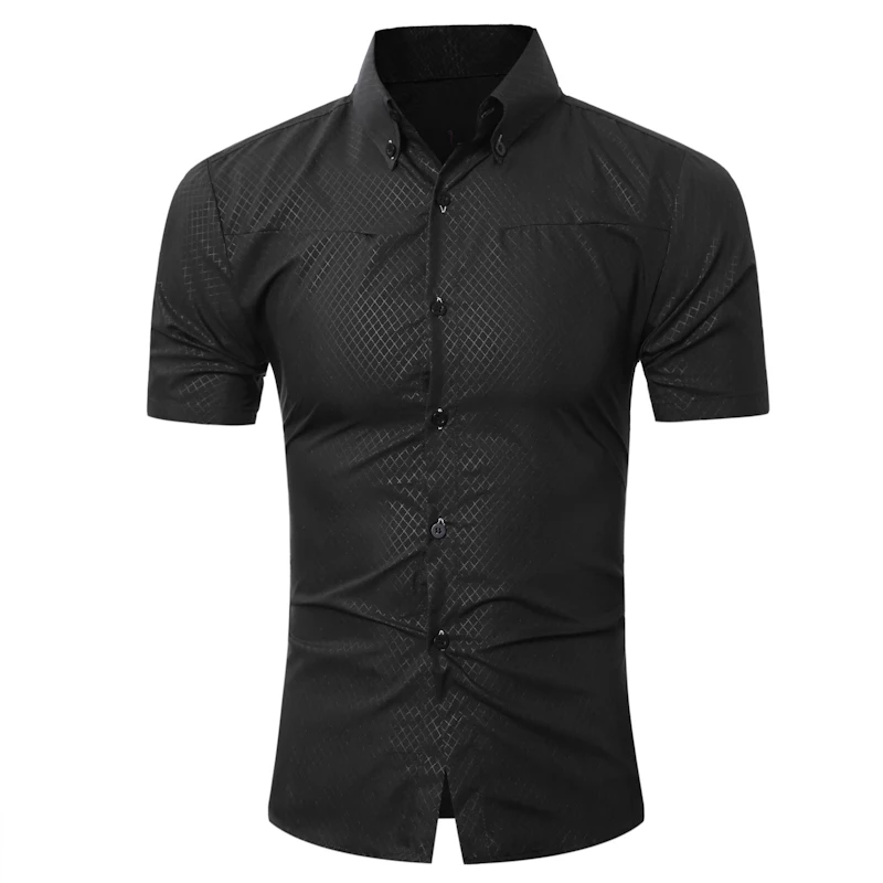 Brand 2018 Fashion Male Hawaiian Shirt Short-Sleeves Tops Small Grid Solid Color Mens Dress Shirts Slim Men 5XL | Мужская одежда