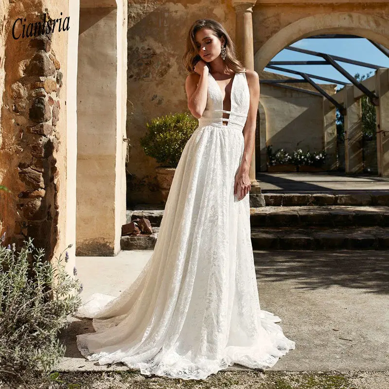 

Boho Свадебное платье с v-образным вырезом ТРАПЕЦИЕВИДНОЕ кружевное свадебное платье с открытой спиной длинное свадебное платье пляжное Бесп...
