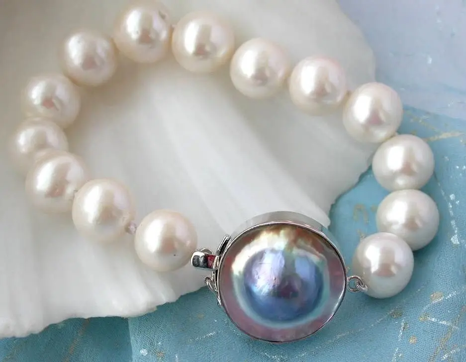 

Z2338 8" 14mm round white freshwater pearl bracelet silver mabe