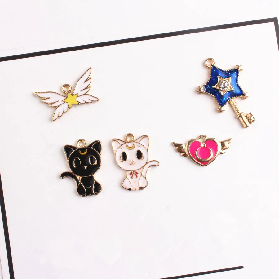 30 шт./лот серия Сейлор Мун Подвеска Аниме кошка/Звезда Эмаль Подвески болтаются
