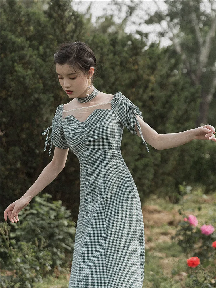

Новинка 2019, модные женские платья, летнее французское платье в стиле ретро, длинное клетчатое платье