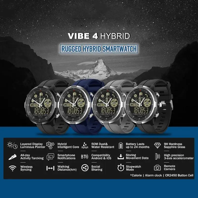 Стекло zelbase VIBE 4 гибридный флагманский прочные умные часы 50 м Водонепроницаемый 33-месяц в режиме ожидания 24h всепогодный мониторинг Смарт-часы