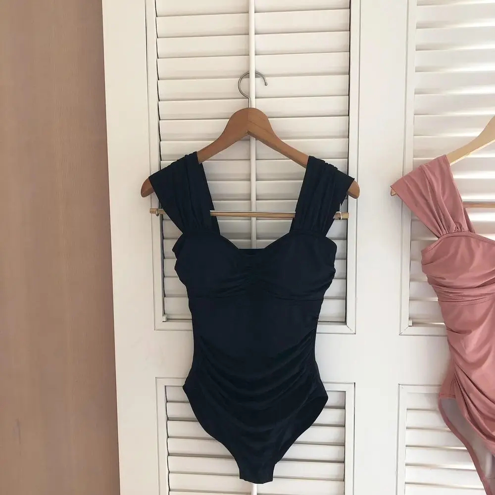 Korea Vintage Baby Pink Shirred Ruched One Piece Swimsuit Sexy Tummy Control Push Up Swimwear Women Monokini Bathing Suits