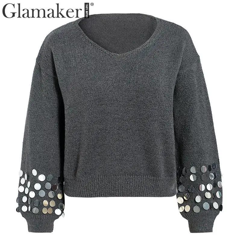 Glamaker вязаный свитер с длинными рукавами серого цвета блестками женский
