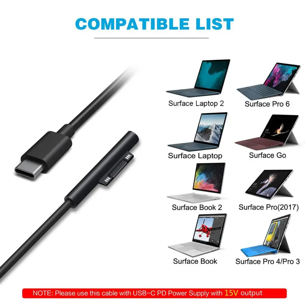 USB-C зарядный кабель для ноутбука Microsoft Surface Book 2 Pro 6/Pro 5/Pro 4/Pro 3 Go 6ft/1 8 m Surfac |